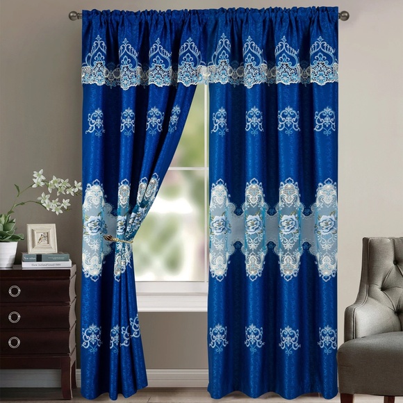 NEW 2 Window curtain macrame panel w attached Lace Valance Royal Blue 54 X 84